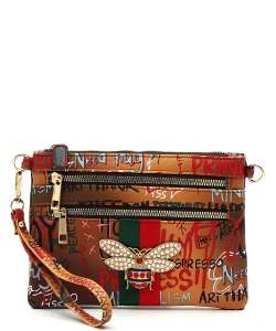 Multi Graffiti Queen Bee Stripe Clutch Crossbody Bag Wristlet GP2581B BROWN